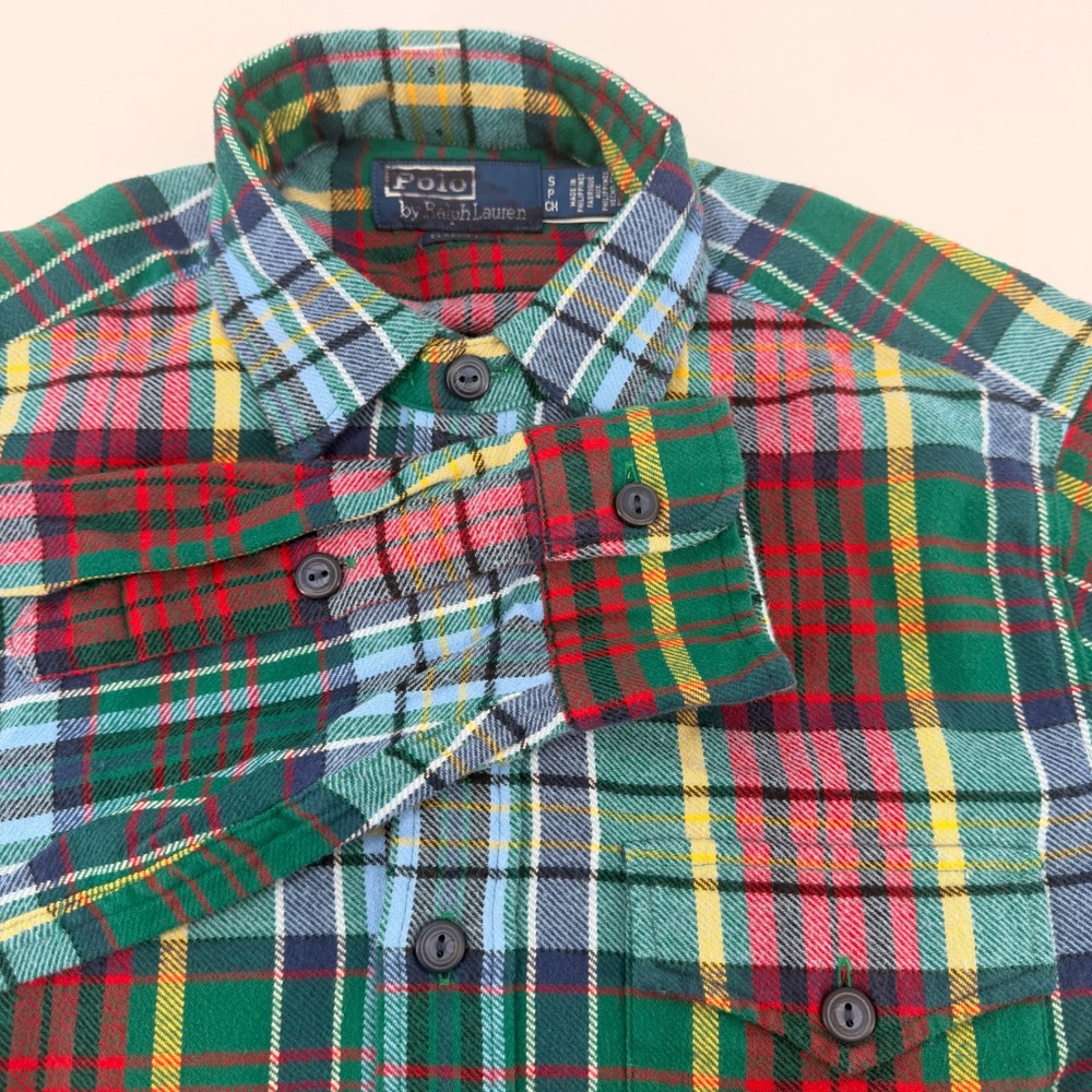 Polo Ralph Lauren Button Down Mens S Green Plaid Flannel Classic Fit Long Sleeve